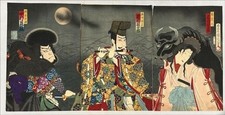 Triptych 1885 Woodblock White Waves Under Moon Where Flute Resounds by Kunichika picture
