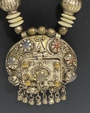 Vintage Tribal Prayer Box Amulet Necklace India Genuine Stone Brass picture