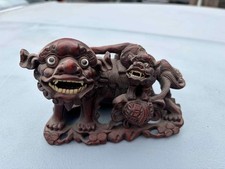 JAPANESE WOODEN SHI SHI TEMPLE DOGS hand carved figurine sculpture picture