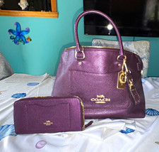 Coach Purple Pebbled Satchel Top Handle Zip  w Wallet Charm Gold 38058 Emma picture