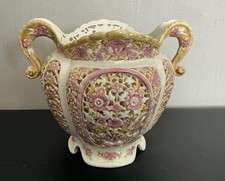 Rare Antique Zsolnay Pecs Reticulated Double Wall Vase Pink Gold Floral picture