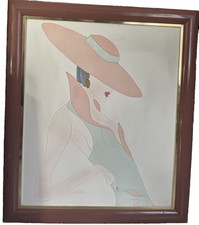 Art Deco Painting 1980's on Acrylic of Woman in Pink Hat by FaraZareey? Vtg Fram picture