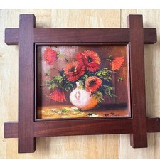 original oil painting, flowers, vase, still life, signed, vintage wooden frame. picture