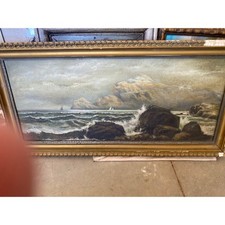 Ethel W. Miller Antique Oil Painting Seascape Coastal Ocean Framed Signed Art picture