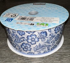 Kirkland Wire-Edged Ribbon  blue and white floral  2.5 Wide  50 Yards picture