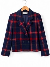 Carlisle Wool Blazer Womens 2 Plaid Classic Two Button Pockets Navy Blue Red picture