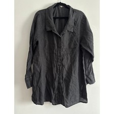 FLAX Women Black 100% Linen Long Sleeve Button Down Tunic Shirt Top LG Lagenlook picture