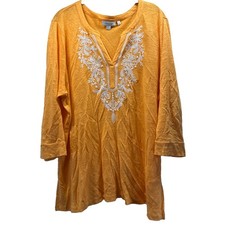 Chicos Women's Top Size XL Solid Orange White Embordered Bohemian 100% Linen V picture