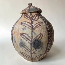 Antique Egyptian Pottery Lidded Jar Hand Painted Naqada Style Primitive Folk Art picture