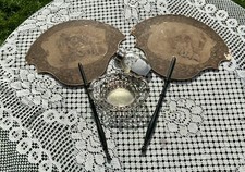 Pr antique hand fans. Silver plate dish. Hip flask. etc  picture