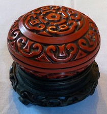 Vintage Chinese Cinnabar Hand Carved Wood Lacquered Decorative Box Wood Stand picture