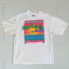 Vintage 90s Hanes Beefy-T Hawaii Puffy Print Graphic T-Shirt White Large USA picture