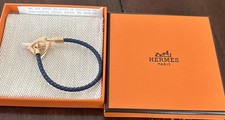 Hermes Womens Etrier Bracelet Blue Leather Bleu Marine  Gold Plate picture