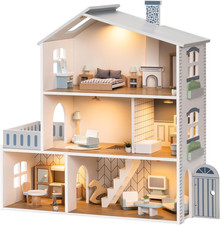 Doll House, Wooden Dollhouse with 6 Rooms, 29-Pcs Realistic Accessories, Dollhou picture