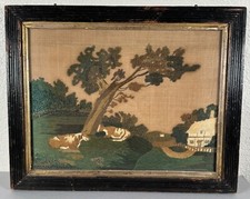 Antique Georgian Needlework Embroidered Sampler Picture Country Farm Cows 19th C picture