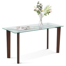Ivinta Glass Dining Table with Wood Leg, Rectangular Dinner Table for Kitchen picture