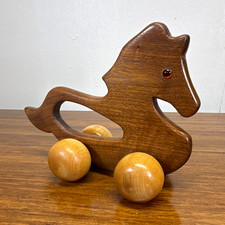 Vintage Wooden Horse Rolling Push Toy Solid Wood Ball Wheels Folk Art Decor picture