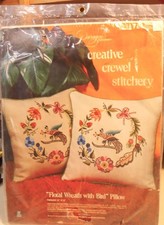 Vtg 1973 Paragon Creative Crewel Stitchery Pillow Kit  Floral Wreath With Bird picture