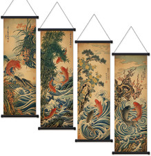 4 Pcs Japanese Wall Art Scroll Hanging Painting Decor Koi Fish Flower picture