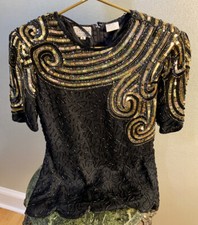 Stenay Sequin Top Vintage Silk Black Gold Designer Hollywood Special Occasion Sm picture