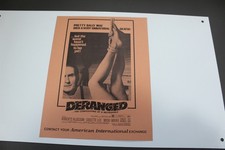Vintage Black & White Deranged Movie Promo Sheet Horror Collectible picture