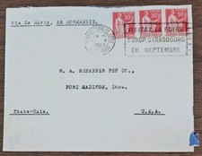 1937 SS Normandie Strasbourg, France to USA cover  3 50c slogan cancelation Iowa picture