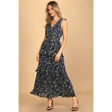 NWT Lulus Such Sophistication Floral Pleated Maxi Dress Wedding Guest Navy XS picture