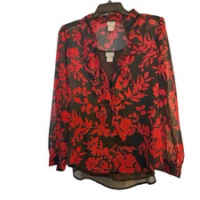 Chico's Red & Black Semi-Sheer Chic Blouse With Optional Attached Black Tank Top picture