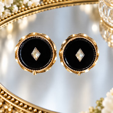 1940s Vintage Fine Jewelry Earrings 14kt Gold GF Diamonds and Black Onyx picture