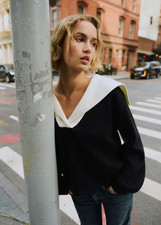 LA MAILLE SEZANE Claudio Sweater Sweater XS  merino wool cotton Navy sailor $175 picture