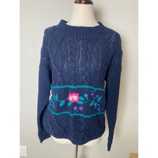 Vintage Studio Michelle Stuart Hand Knit Floral Cable Sweater Navy Blue Small picture