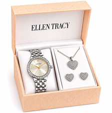 Ellen Tracy Silver-Tone Crystal Bezel Bracelet Watch Heart Jewelry Set Box picture