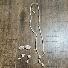 1928 Porcelain Roses Faux Pearl Drop Pendant Necklace w/2 Pair Earrings Set EUC picture
