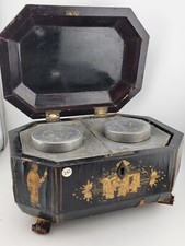 Rare 1800's Antique Chinese Gilt Lacquered Tea Caddy w/ Pewter Containers. picture