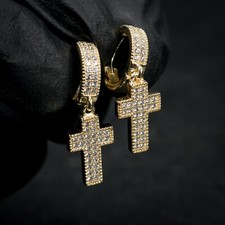 Men's Hanging Cross Iced Cz 14K Yellow Gold Plated Dangle Hoop Earrings picture