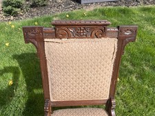 Antique Victorian Eastlake Carved Wood Parlor Chair Floral Crest Casters c.1880s picture