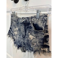Jean Denim Shirtd Women Blue Acid Wash Distressed Size S Frayed Hem picture