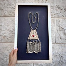 Antique Yemenite Tribal Bedouin Silver Necklace Framed Picture Ethnic Jewelry picture