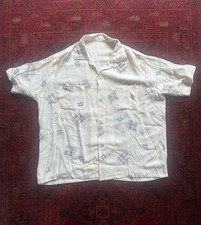 VTG 40s 50s White Rayon Loop Collar Novelty Print Shirt L Atomic Rockabilly picture