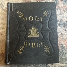 Antique Holy Bible Black Pictorian Family Bible Hard Cover picture