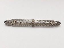 Antique 1920s-30s Birks 14K White Gold 3 Diamond Art Deco Filigree Bar Pin picture