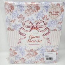 Cherubs & Ribbons QUEEN Sheet Set Floral & Angel Print Extra Soft ENVOGUE NEW picture