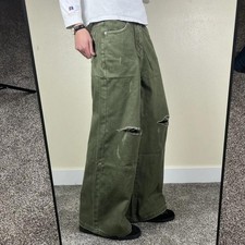 Y2K Baggy Wide Leg Green Thrashed Distressed Jeans Skater Grunge Denim 30x30 picture
