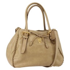 PRADA Hand Bag Leather 2way Beige Gold Tone Auth 200160 picture