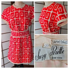 Vtg 1960s Suzy Perette New York Geometric Print Mini Dress Day Glo Orange Sz ML picture