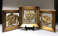 3 Vintage Mid-Century Syroco Wall Flower Floral Hanging Wall Plaques Gold Tone picture