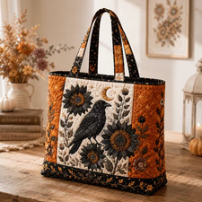 Women'S Quilted Tote Bag with Gothic Sunflower And Crow, Autumn Quilted Artwork picture