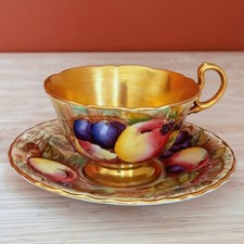Aynsley C746 Orchard Gold Fruit Teacup Saucer Signed N Brunt Full Gold England picture