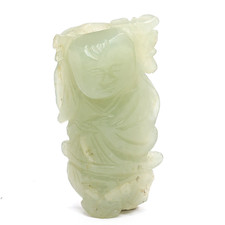 Antique 18 C Chinese Qing Dynasty Hetian Nephrite Jade Boy Holding Lotus Figure picture