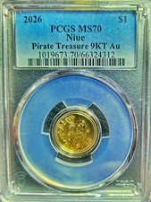 2026 Niue 1787 Pirate Treasure $1 1g 9KT Gold (0.375) Coin PCGS MS70 picture